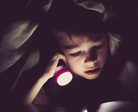 Little boy using flashlight during an outage